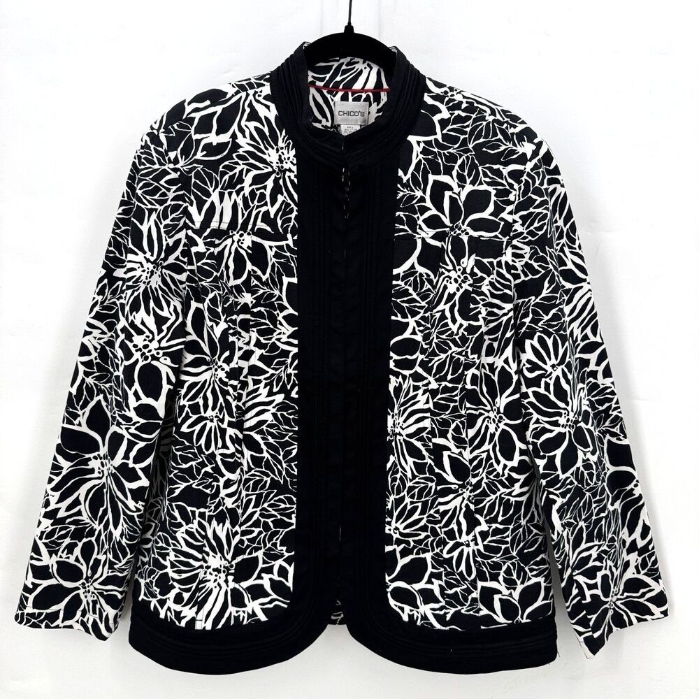 Chico's Jacket Women 3 Black White Floral Cotton Blend Open Front Art to Wear